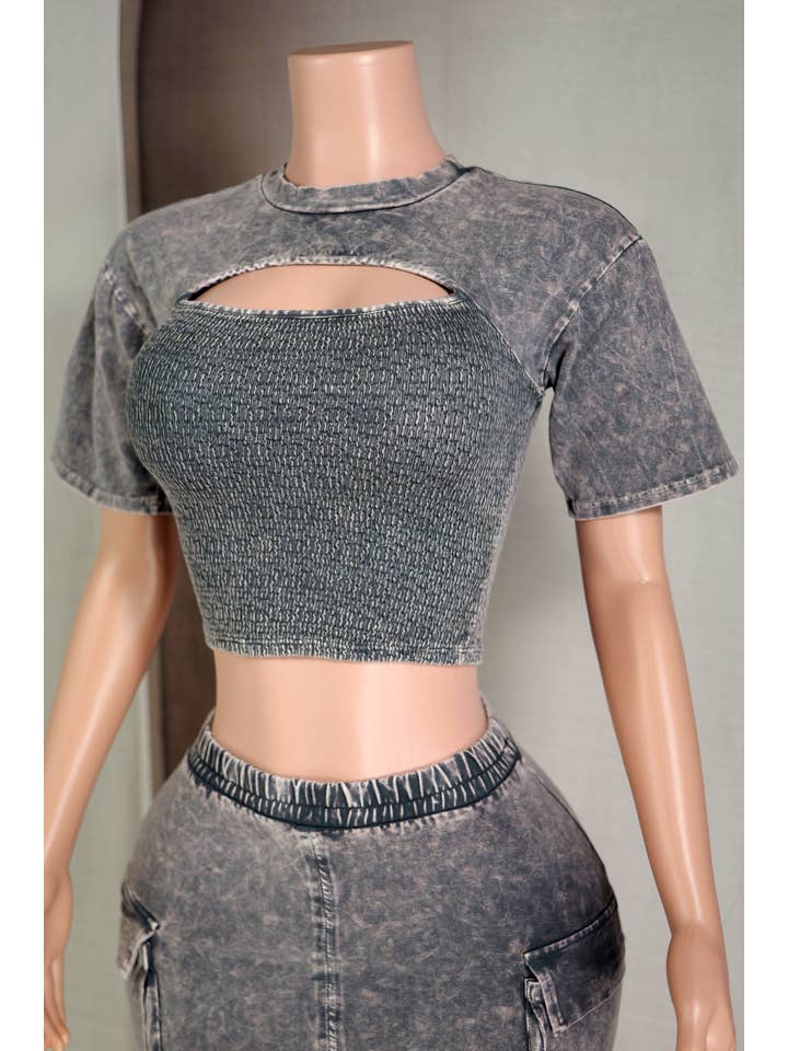 Dalia Studio - Vendita all'ingrosso Completo top e gonna - Donna - Completo con top in jersey con tagli e mini cargo effetto lavaggio minerale3