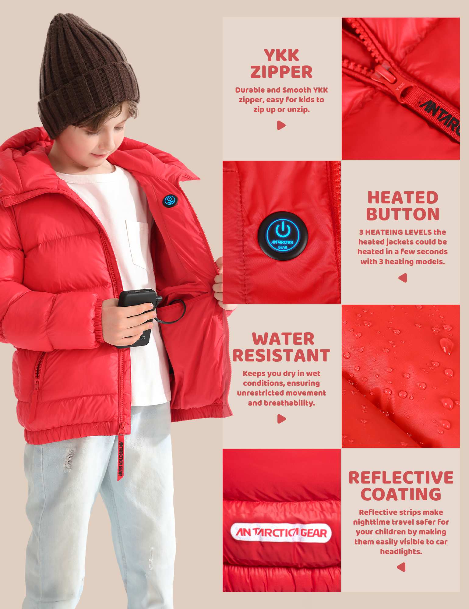 Antarctica Outdoors - Wholesale Puffer Jacket - Kids - Antarctica Gear Kid Heated Jacket with 12V/5A 10000 mAh Battery Pack Winter Coat for Boys Girls Heated Coat10