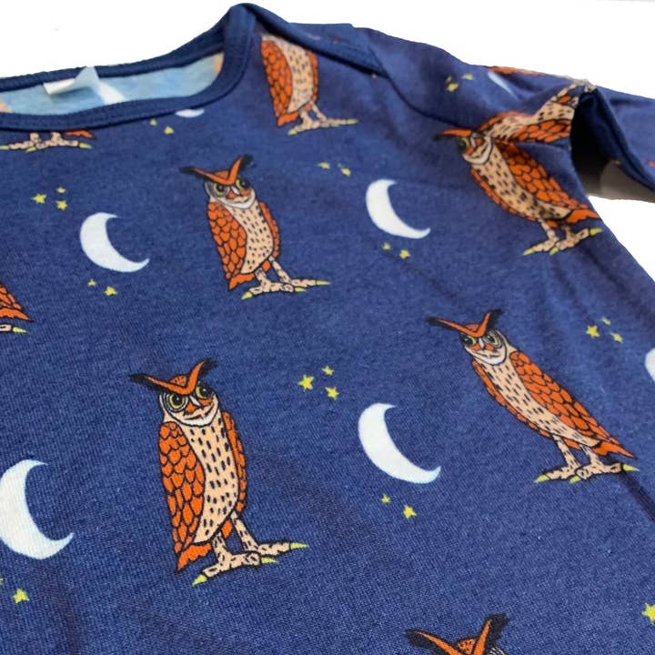 Owl Moon Navy Long Sleeve Baby Onesie for wholesale by Animal Instincts