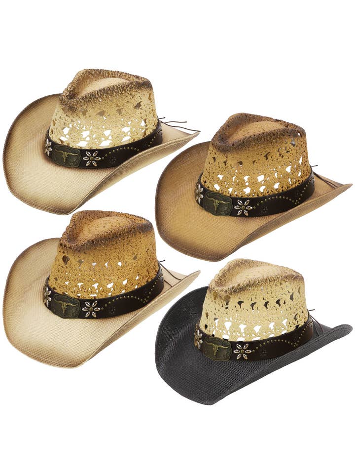 Floral Longhorn Emblem Studded Belt Cowboy Hat for wholesale by Cap Zone