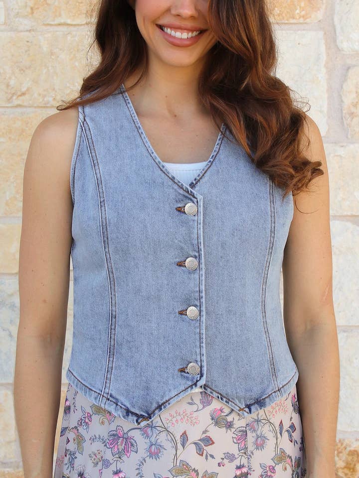 Mid Wash Denim Vest in Mid-Wash for wholesale on Faire