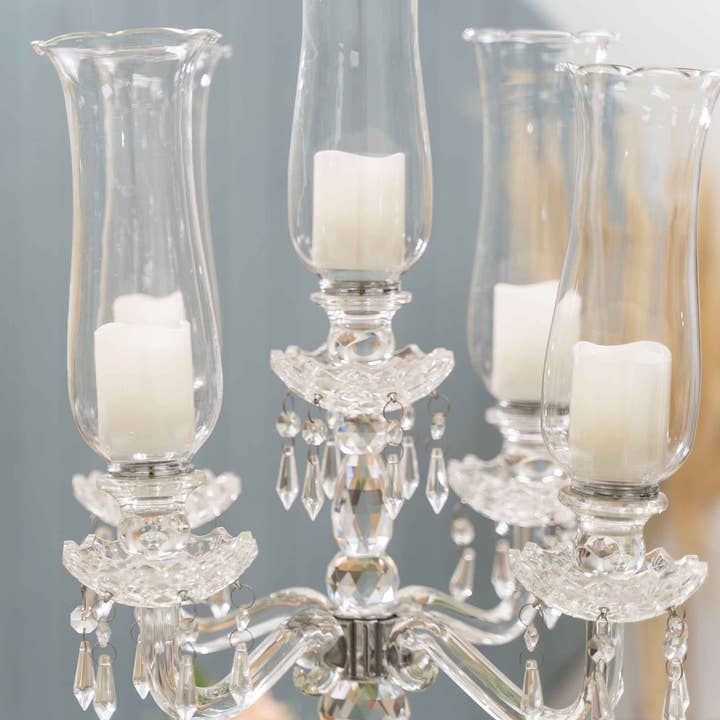 Portofino International Trading, USA - Wholesale Candle Holder - Crystal 5 Arm Candelabra with Glass Hurricane Globes 31"