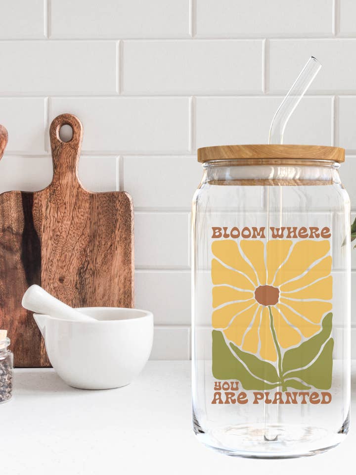 Bloom Where You Are Planted Glass Can Cup, Libby Glass for wholesale by Amelia & Co