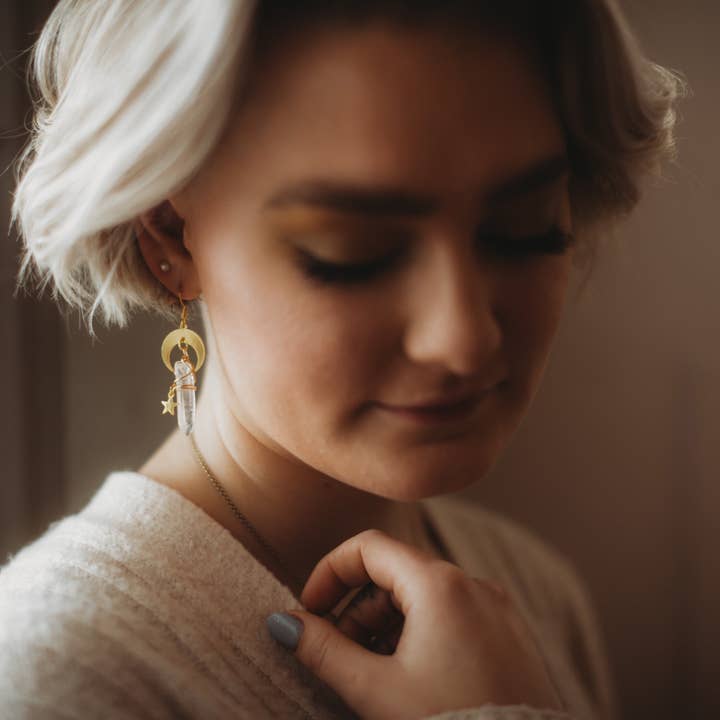 Sally - Quartz Crystal Earrings - Moon Metals Collection for wholesale by Luna And Loki Design