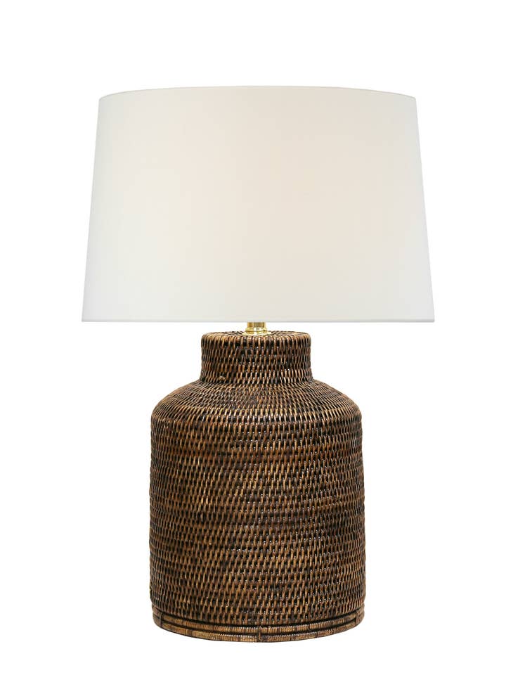 Newport Rattan Medium Table Lamp, Antique Brown for wholesale by Fox Mill Lighting & Supply Co.
