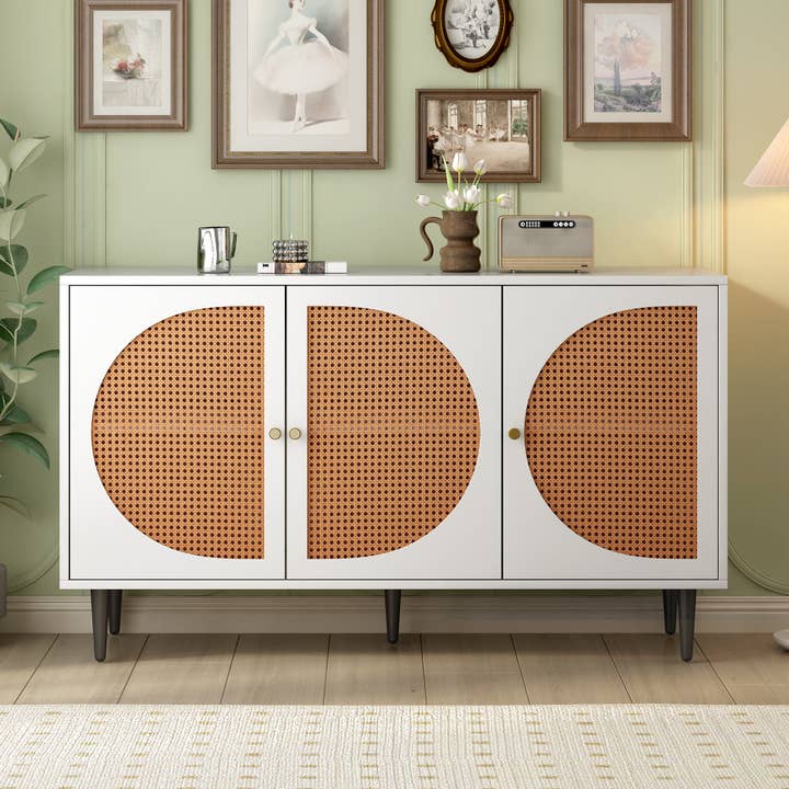 Urban Meuble - Wholesale Cabinet - White wood-effect sideboard with 3 rattan doors, golden handles and legs 129.8x40x76cm OMOIL WHITE4