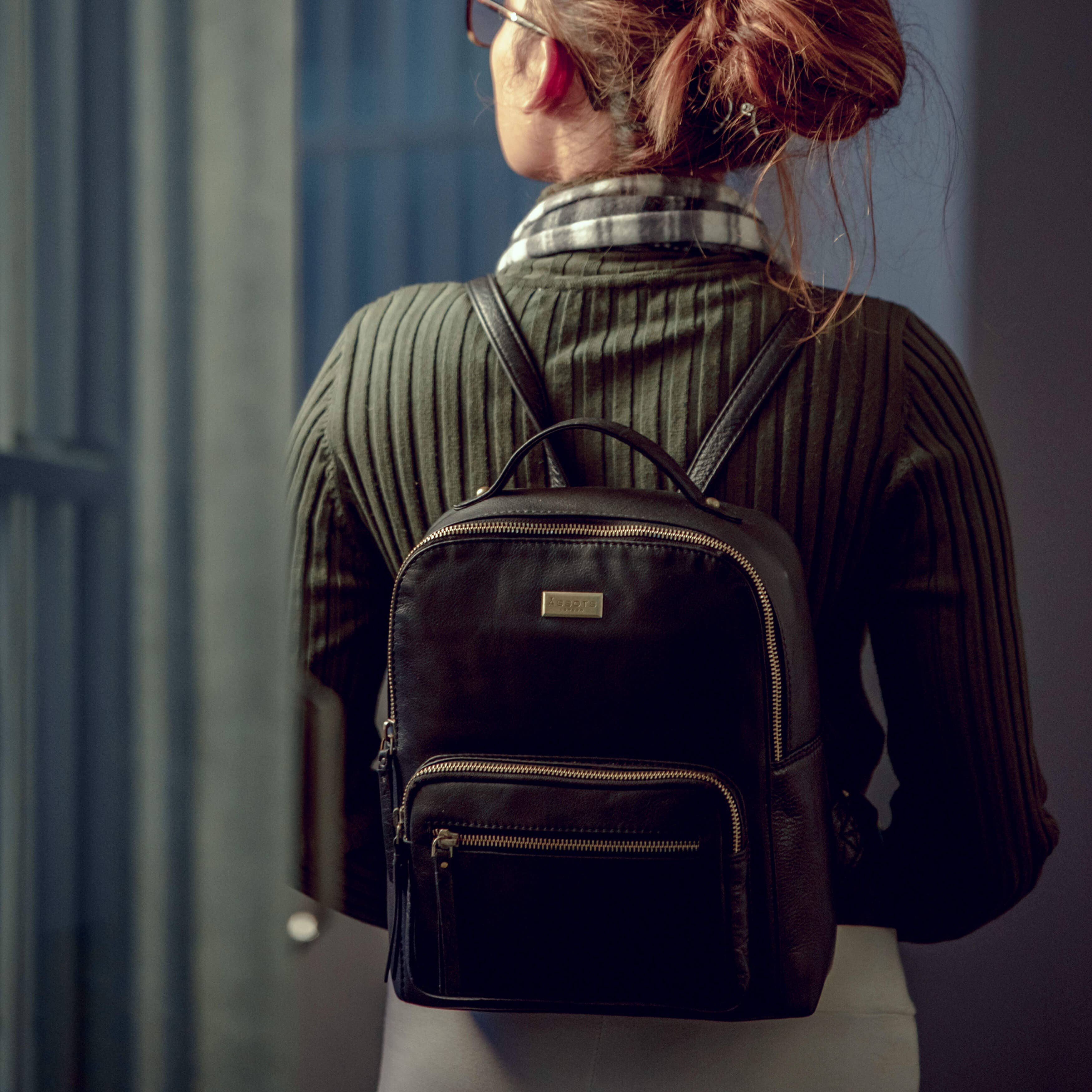 Assots London - Wholesale Backpack - Women's - 'ANGEL' Black Nappa Full Grain Leather Zip-top Backpack1