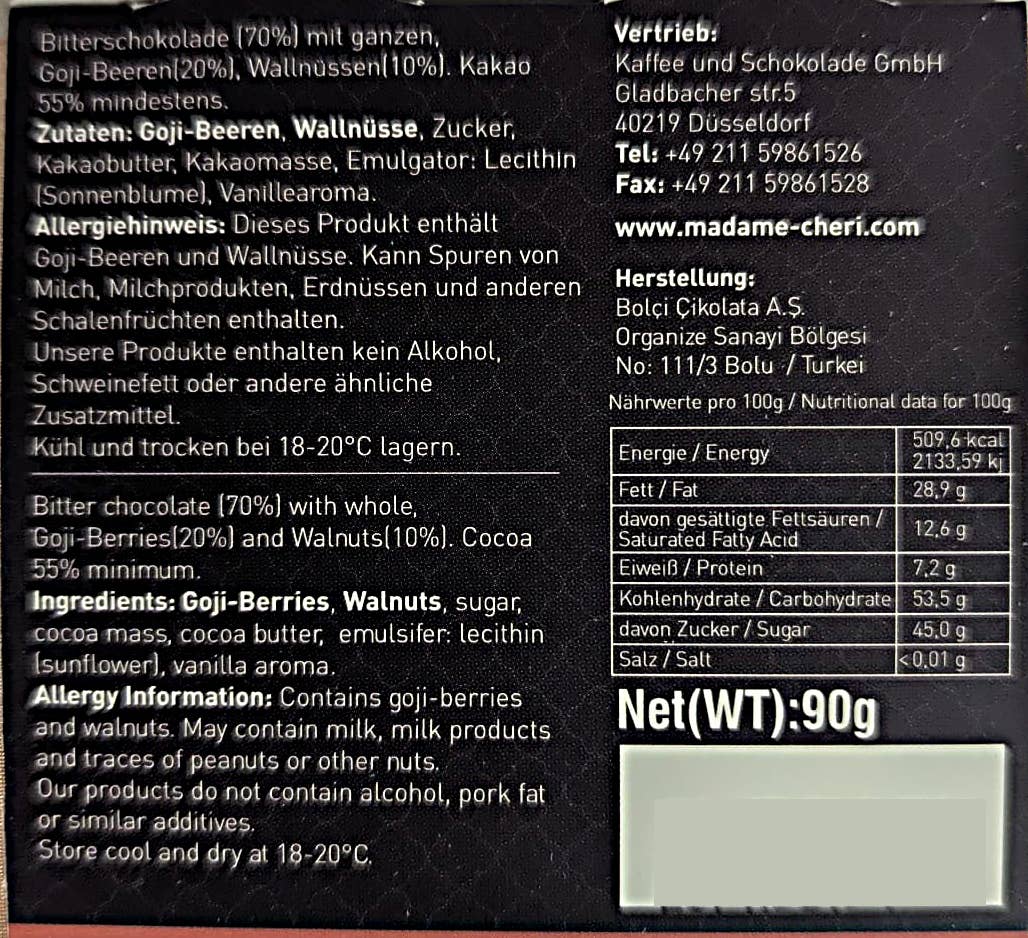 Kaffee und Schokolade GmbH - Wholesale Chocolate - Goji Berries & Walnuts Dark Chocolate (90g)3