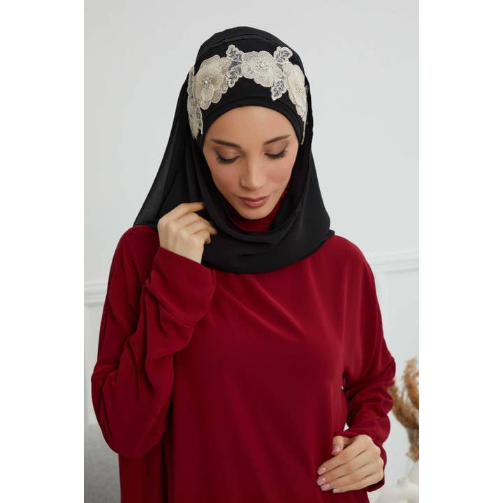 Aisha's Design - Wholesale Hijab – Women’s - Luxury Instant Chiffon Hijab with Floral Lace, Ready-to-Wear Chiffon Hijab with Embroidered Flowers,CPS-10167