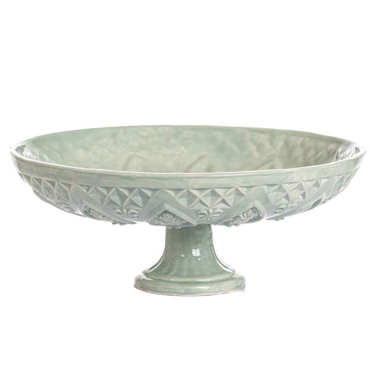 CMK Vintage-inspirierter handgefertigter Keramik-Kuchenständer / Grün für den Großhandel von Coppermill Kitchen LLC