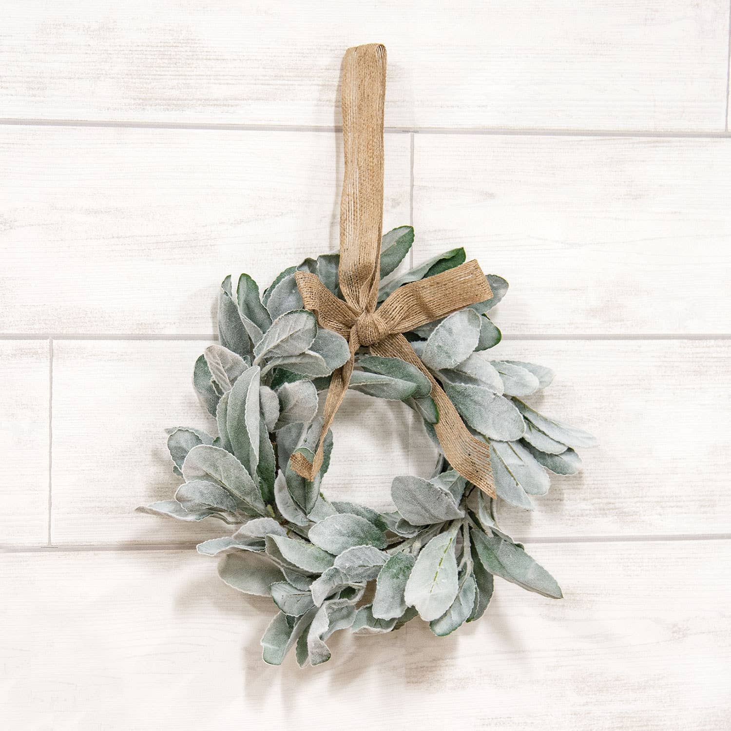 Col House Designs - Wholesale Wreath - Frosted Lamb's Ear Wreath w/Burlap Bow Hanger1