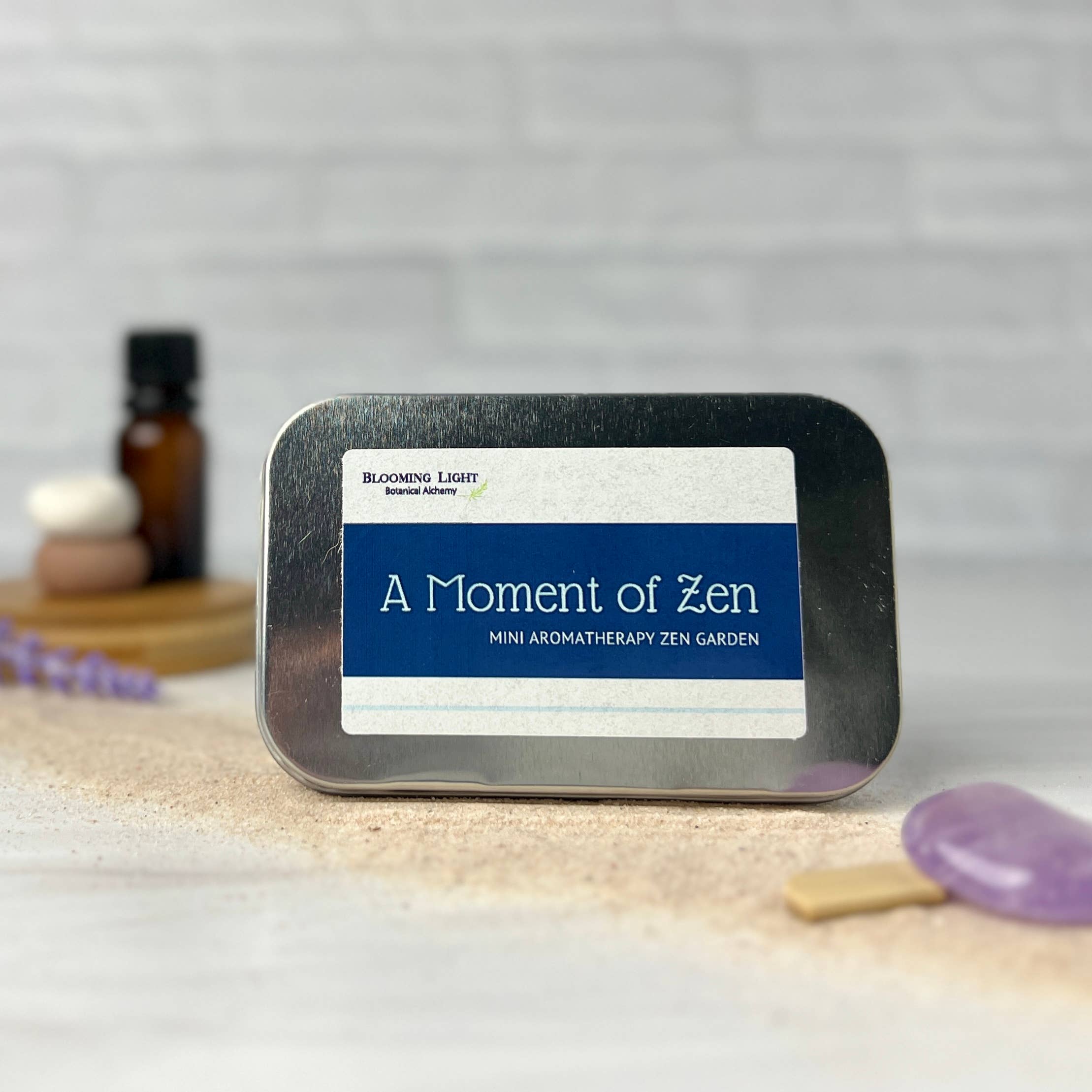 Blooming Light Botanical Alchemy, llc - Wholesale Meditation Supplies - A Moment of Zen Kit, a miniature aromatherapy zen garden kit6