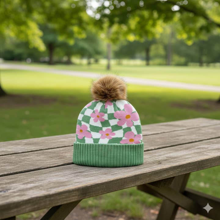 Northern Icons Creations INC - Wholesale Beanie – Unisex - Green Knit Pom Beanie – Retro Pink Flower Checkerboard Pattern Warm Winter Hat