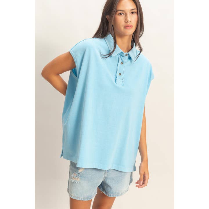 Pigment Dye Sleeveless Polo Oversized Top for wholesale by Double Zero