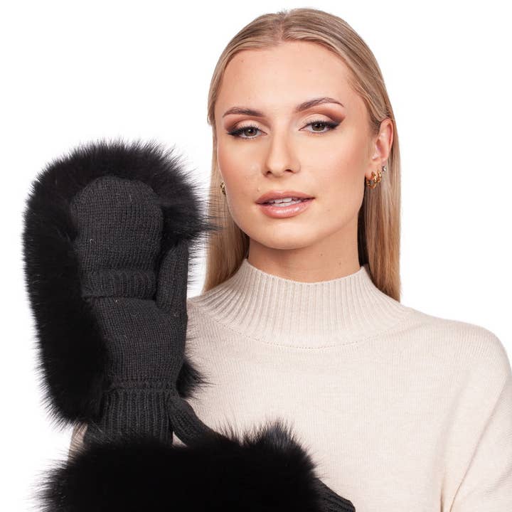 Nero Moffole con patta in pelliccia di volpe nera e lana merino in vendita all'ingrosso su Faire