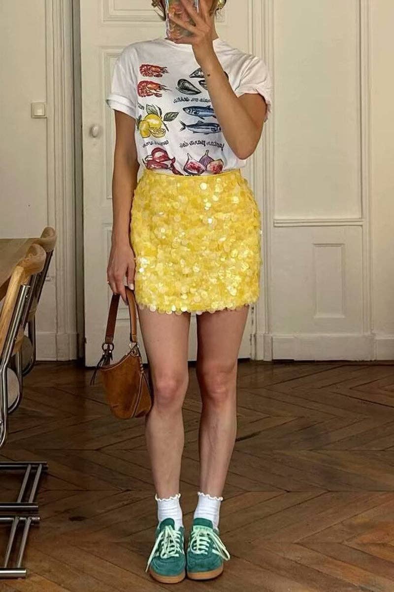 YELLOW Sequin Embellished Mini Skirt for wholesale on Faire1