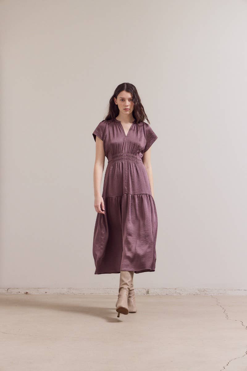 Grade & Gather – Vestido - Mulher por atacado – 60189MT - VESTIDO MIDI DE CETIM MATTE COM FOLHOS11