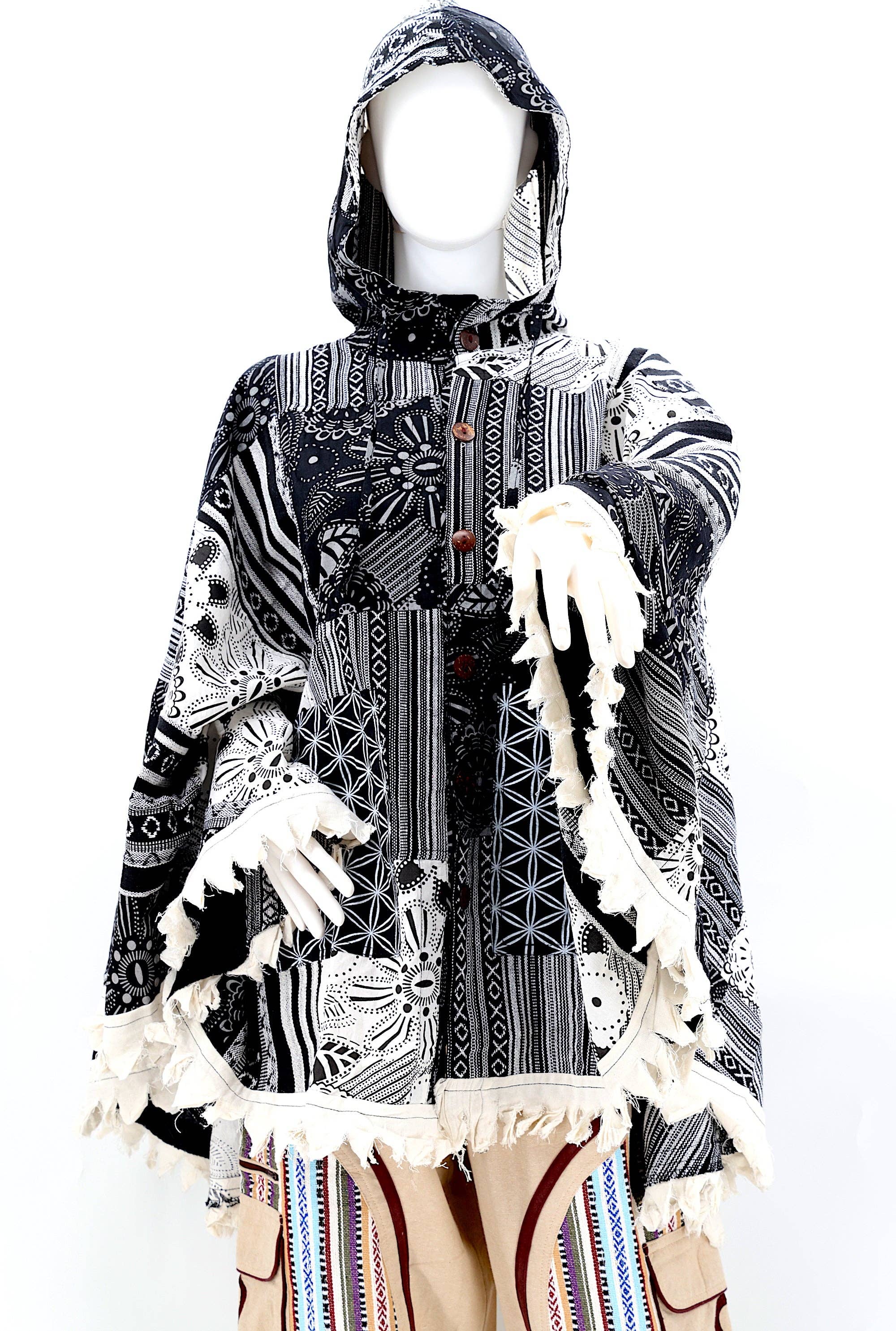 Himalaya Handmade - Wholesale Poncho - Unisex - Cotton Hippie Handmade Flower of Life and Geometric Print Overlock Patchwork Bohemian Poncho2