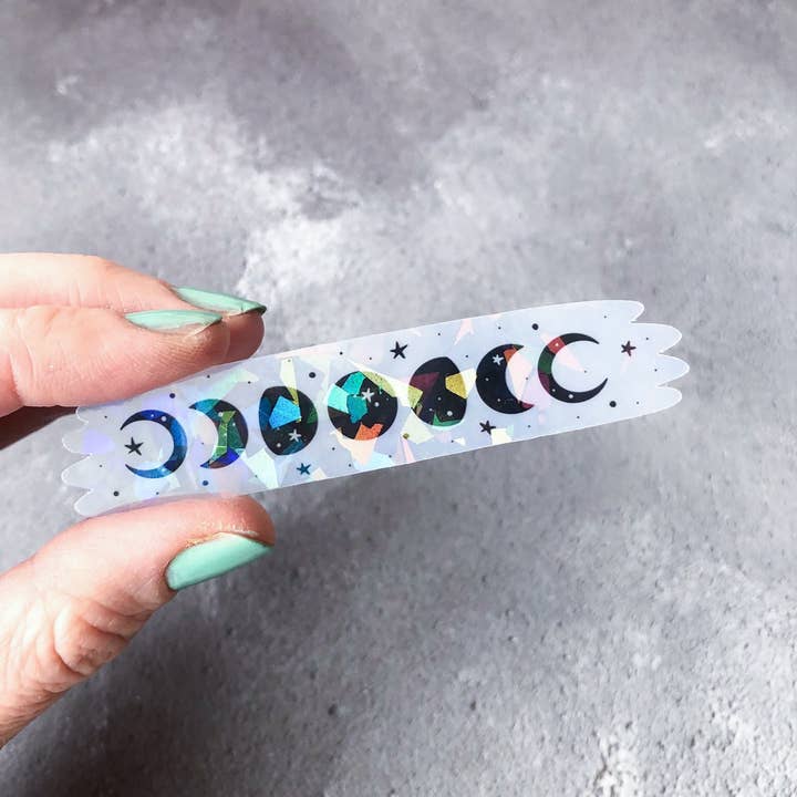 Clear Moon phase vinyl sticker with holographic overlay for wholesale by Anita Ivancenko