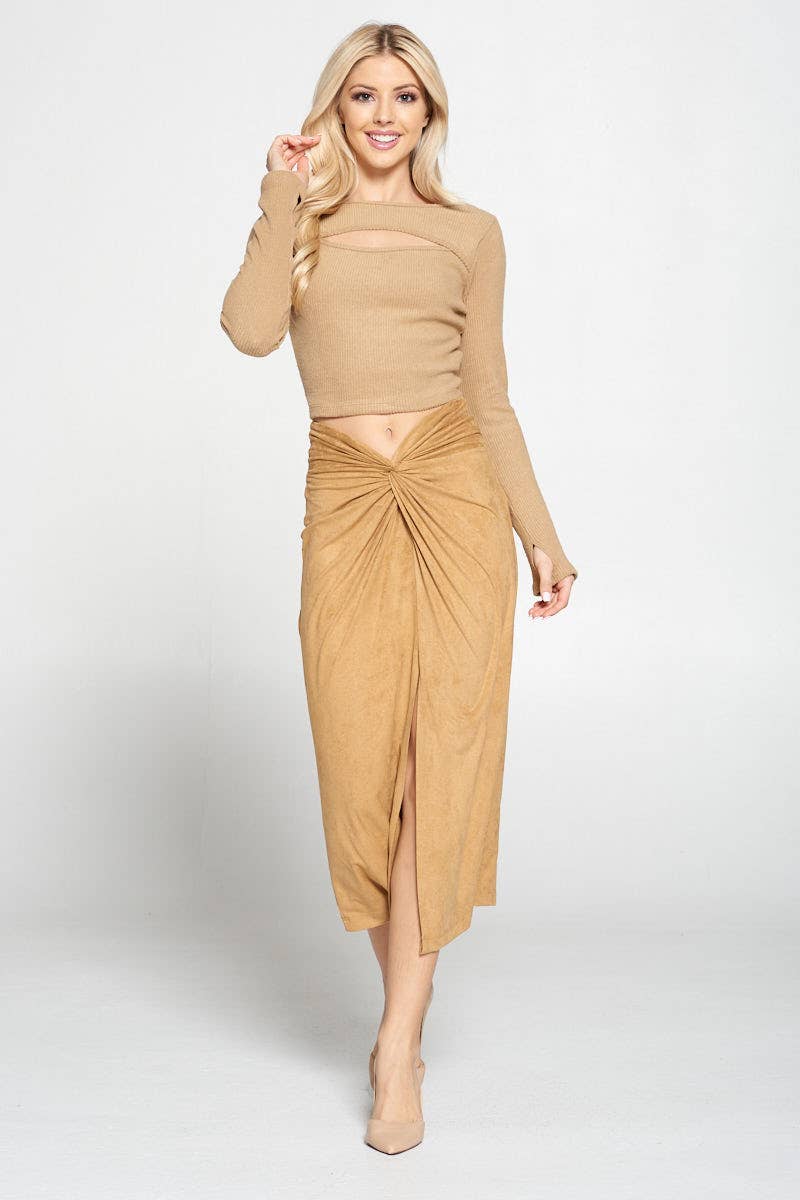 KHAKI Made in USA Ribbed Knit Cut Out Front Top for wholesale on Faire4