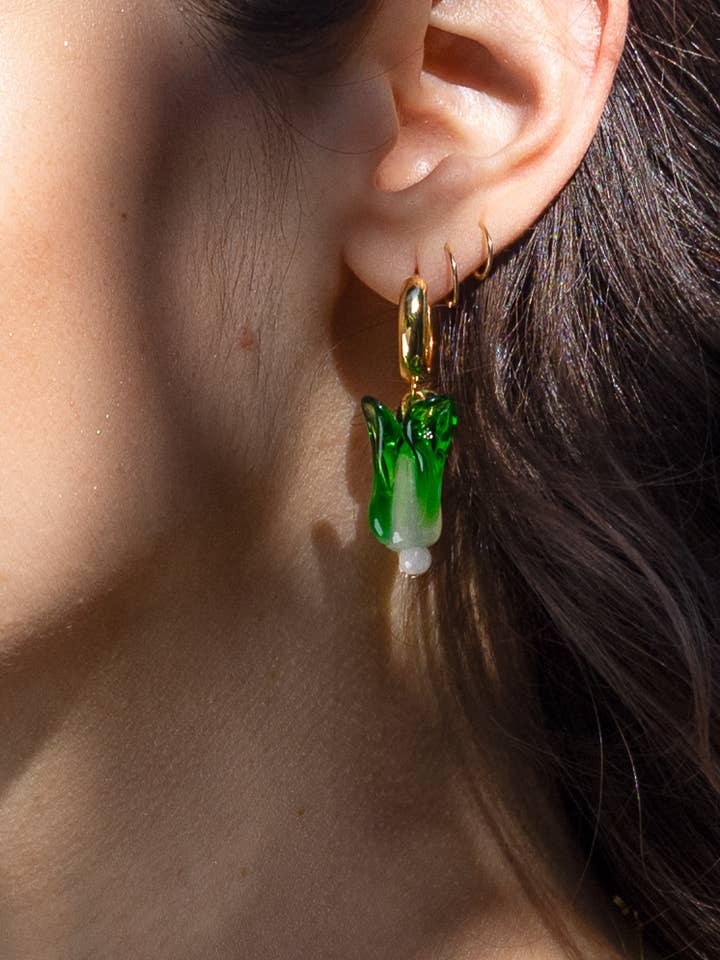 Baby Got Bok! Choy Hoops - 18K Gold Plated + Handmade Glass for wholesale by Peter and June