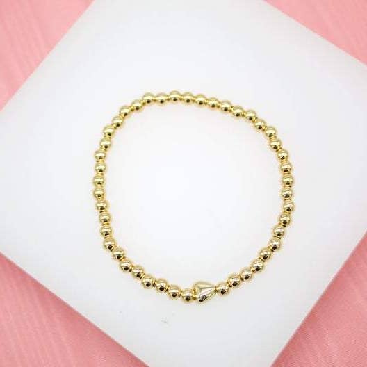 18K Gold Filled 4mm Gold Elastic Bead Bracelet With HEART Charm (I48) for wholesale by MIA Jewelry
