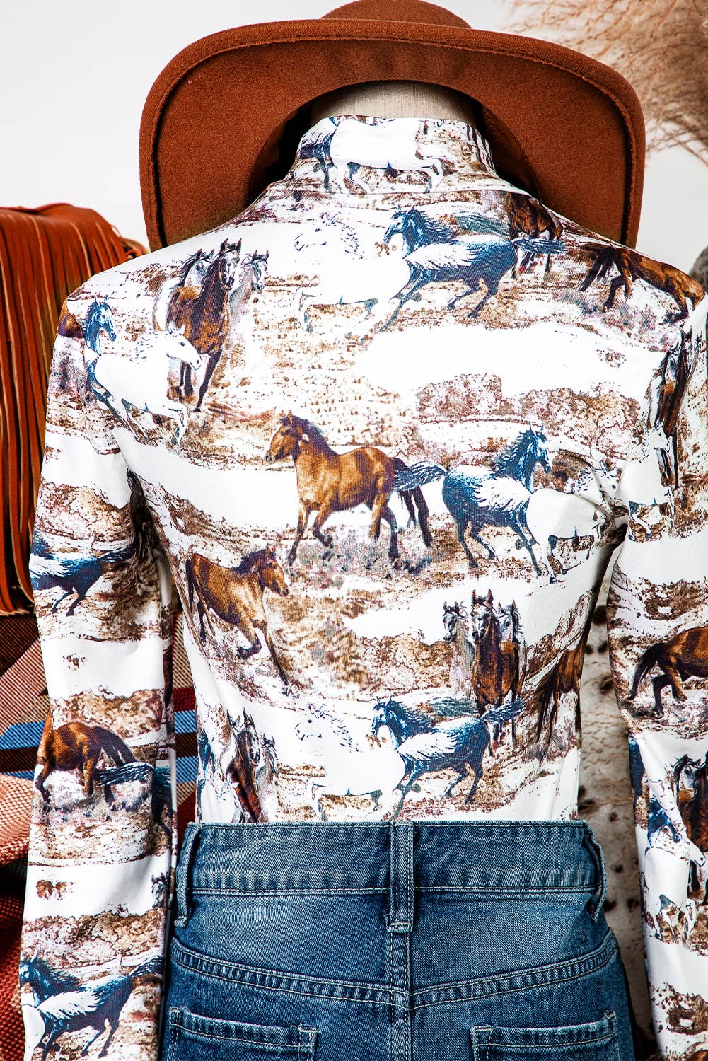 As shown Western Wild Horses Hollow-out High Neck Top Blouse for wholesale on Faire11