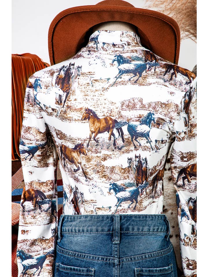 As shown Western Wild Horses Hollow-out High Neck Top Blouse for wholesale on Faire11