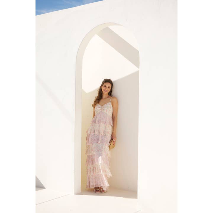 in february - Wholesale Dress - Women's - ROMANTIC FLORAL TIERED MAXI DRESS WITH RUCHED BUST
