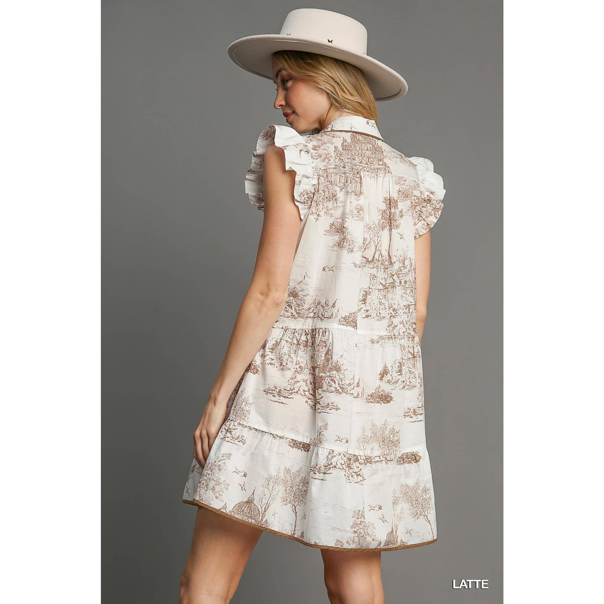 BNS - Vente Robe – femme - Robe à manches volantées à imprimé paysage avec passepoil17