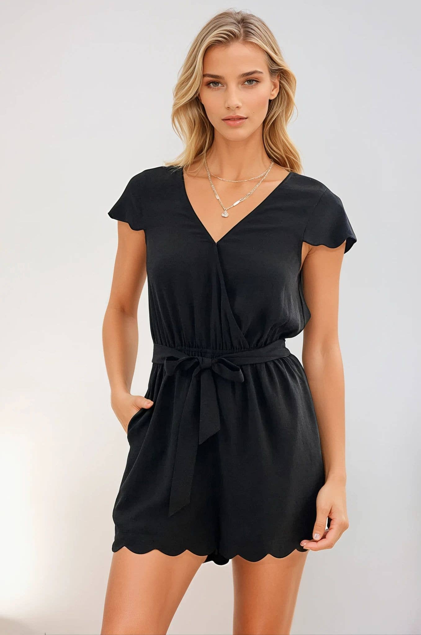 Mauve Scalloped Hem Romper with Self-Tie Ribbon - 27015R for wholesale on Faire6