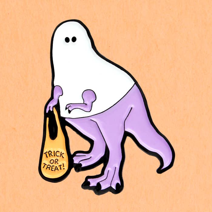 Trick or Treating T-Rex Ghost enamel lapel pin for wholesale by Kate Gabrielle