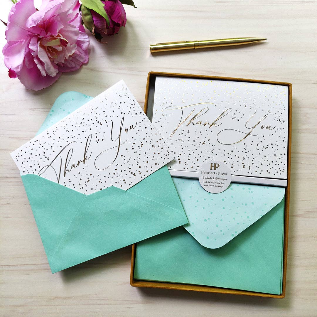 Robert Frederick Ltd – wholesale Stationery/notecard set – 12 Notecards and Envelopes in Gift Box - “Thank You” Spots Design2