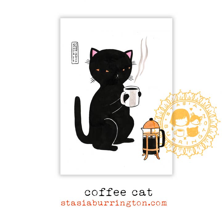 Carte postale - Coffee Cat - Mini-impression - 5x7 pour la vente par Stasia Burrington Illustration