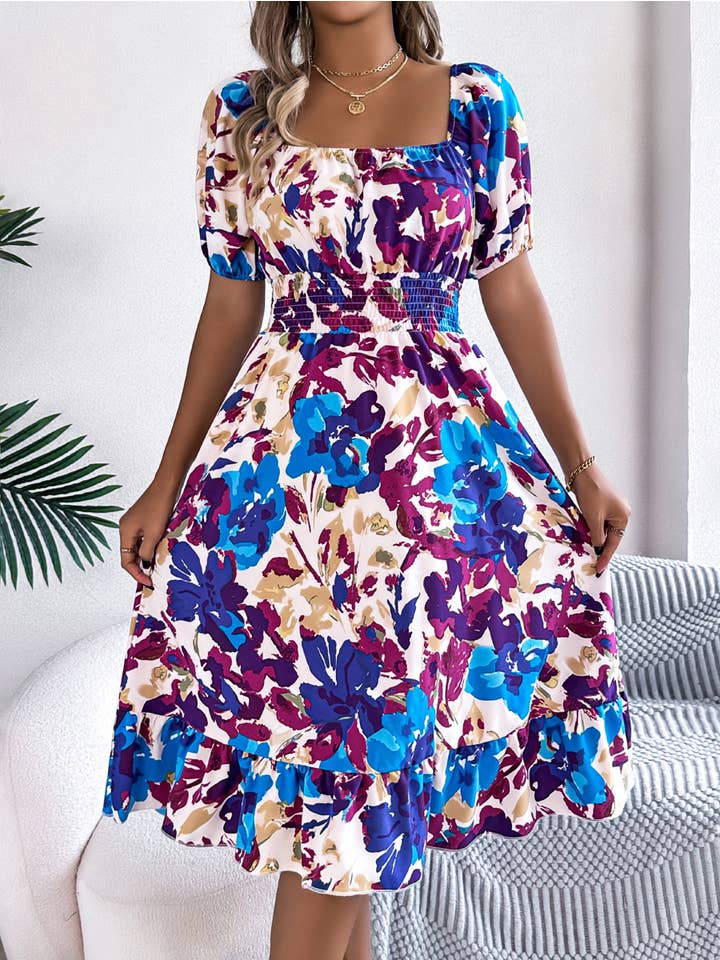 Wholesalesir - Wholesale Dress - Women's - Flower Square Neck Short Sleeved Dress