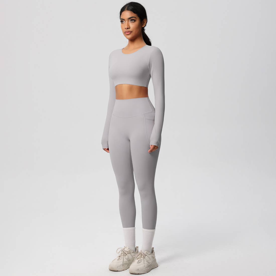 Sodalemon - Wholesale Activewear Set - Women's - Women High-Waist Yoga Set:Cropped Long Sleeve Top + Leggings13