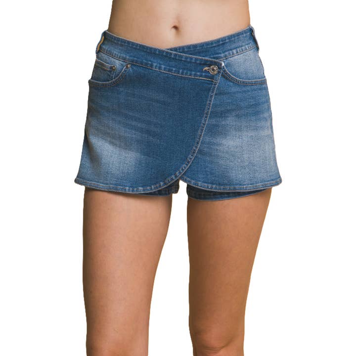Chic Denim Wrap Mini Skort for wholesale by Blue Bunny Inc