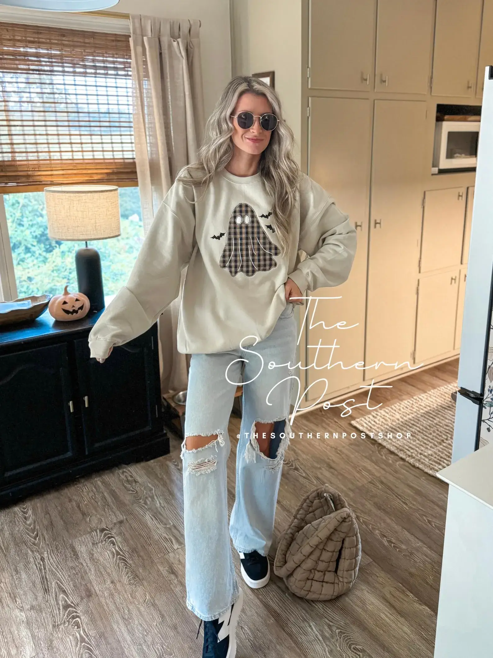 The Southern Post - Wholesale Sweatshirt - Women's - Vintage Plaid Ghost Applique Sweatshirt1