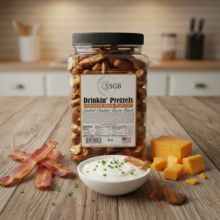 Smoked Cheddar Bacon Ranch 18-oz Canister Sourdough Pretzels for wholesale by Sweet G's Bakery - Drinkin’ Pretzels™