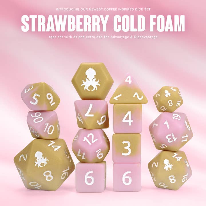 Strawberry Cold Foam Matte 14pc Dice Set inked in White for wholesale by Kraken Dice