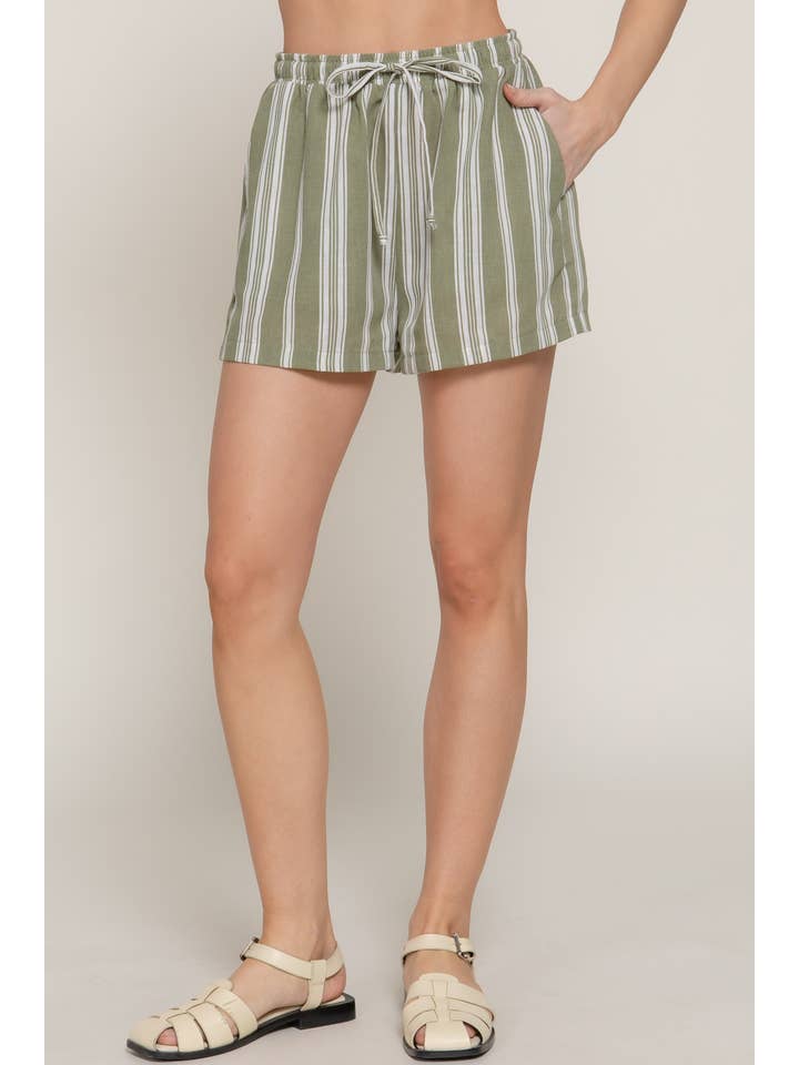 Active Basic | Active USA - Wholesale Shorts - Women's - Elastic Waist Band Detail Stripe Printed Linen Effect Shorts8