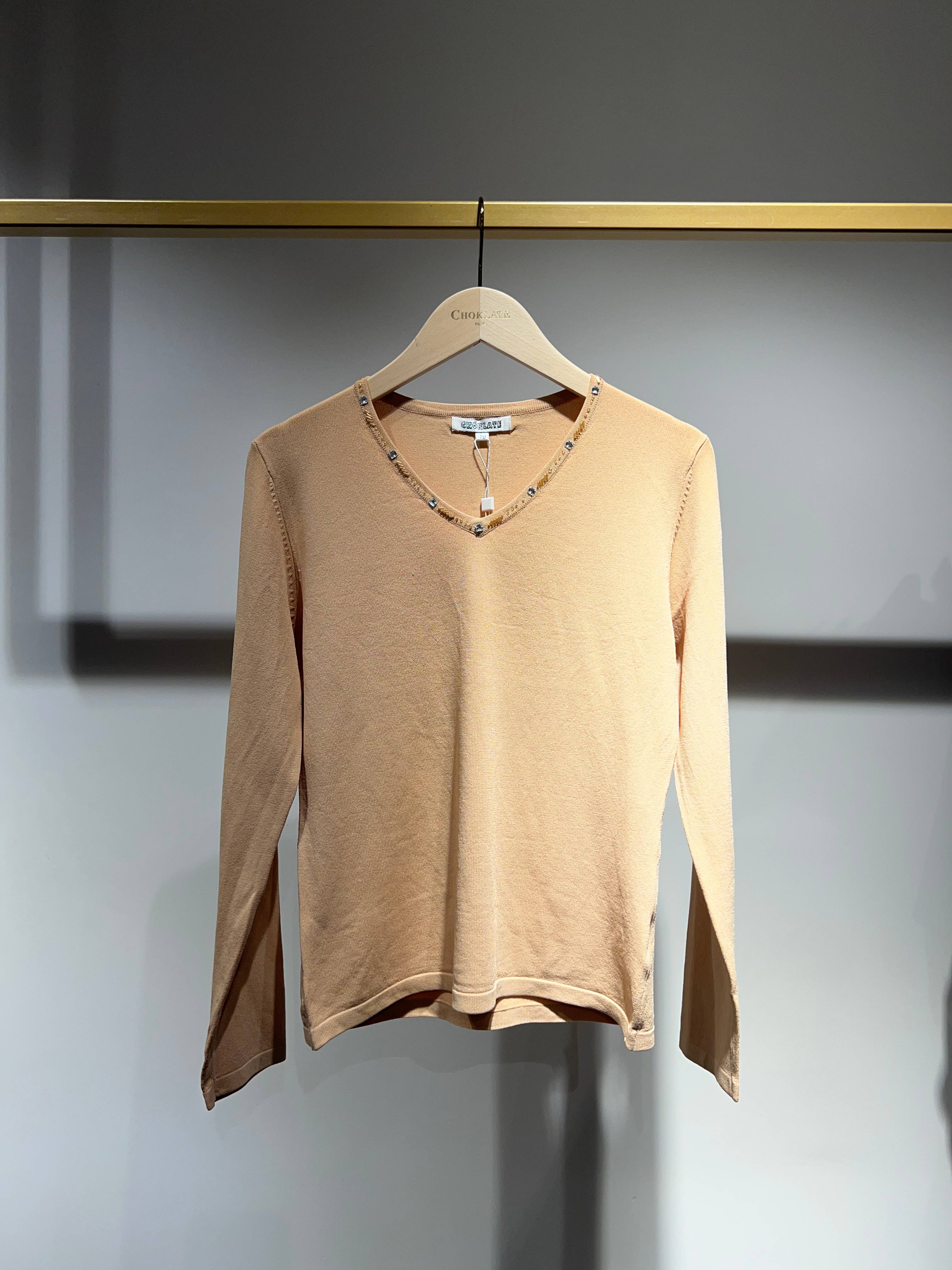 CHOKLATE PARIS - Vente Haut en maille – femme - Maille col V détails perles au col - 213710