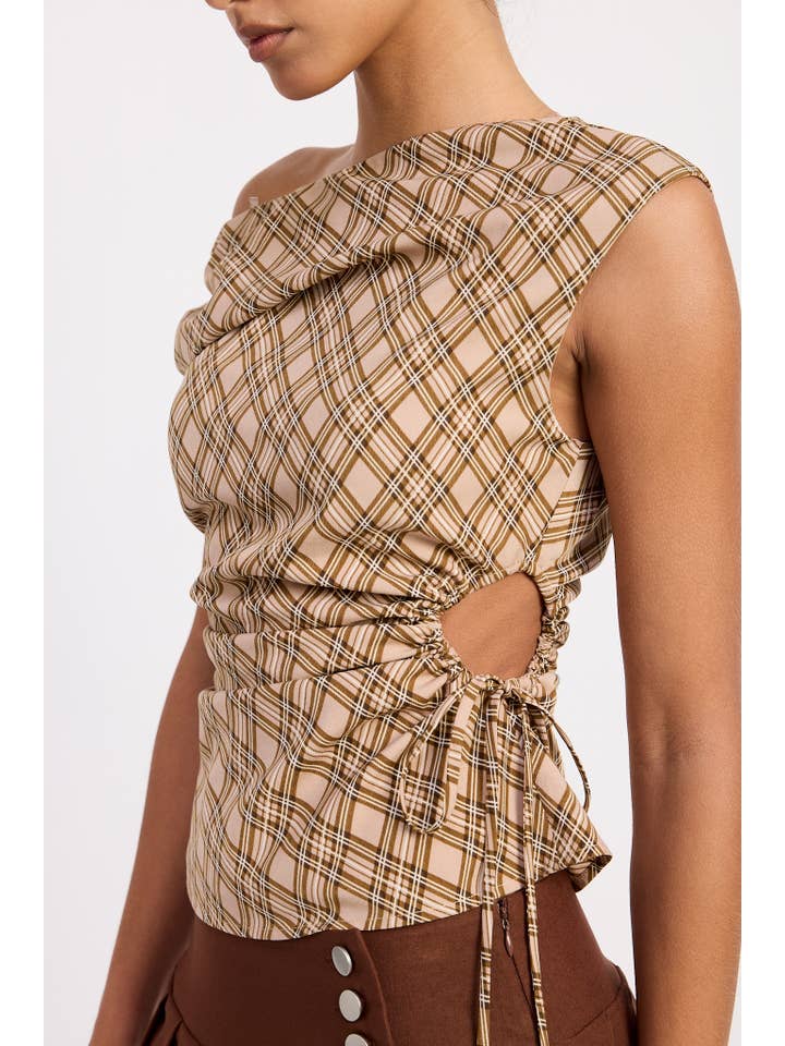 ASYMMETRIC ONE SHOULDER RUCHED PLAID TOP for wholesale on Faire