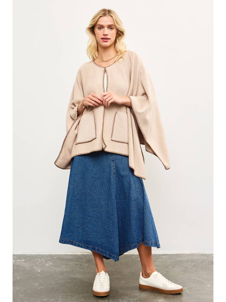 Mustard Seed - Wholesale Poncho - Women's - FRONT SNAP BUTTON CLOSURE KNIT PANCHO