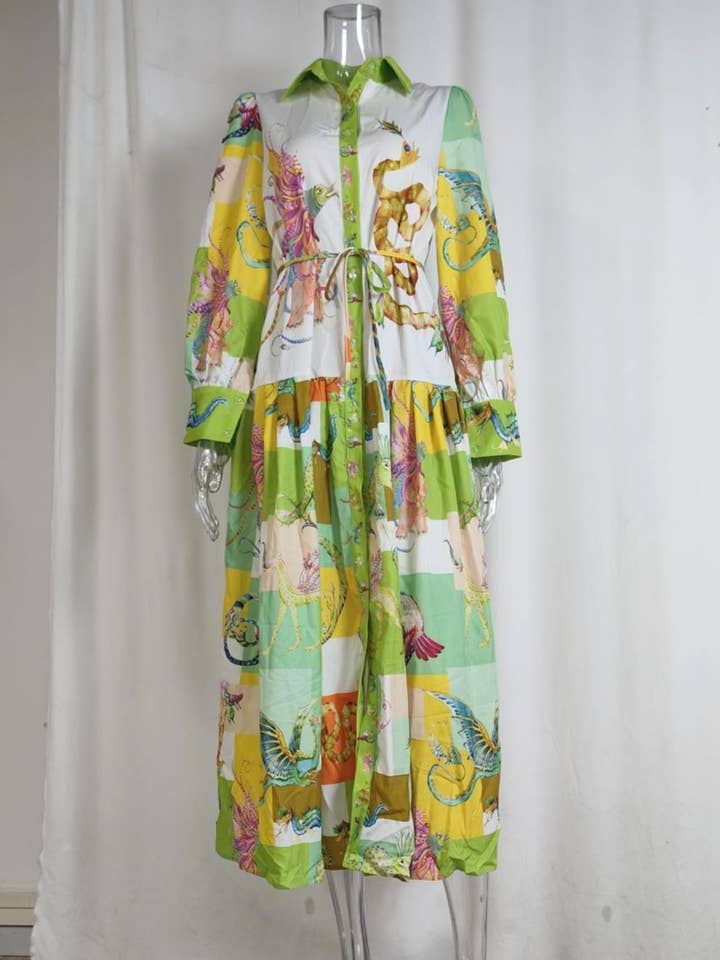 Elegant Balloon Sleeve Ruffle Print Dress for wholesale by Rosa Clothing