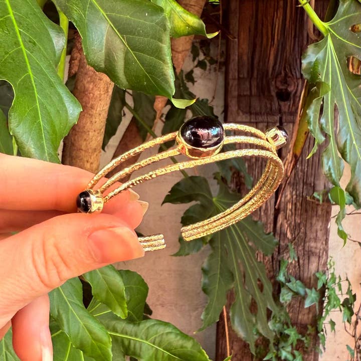 Triple Stone Black Onyx Hammered Brass Bracelet / Adjustable / Bohemian Jewellery / Ethnic Style / Rustic / Boho / Gift for Her / Artisanal for wholesale by Kaali Boutique