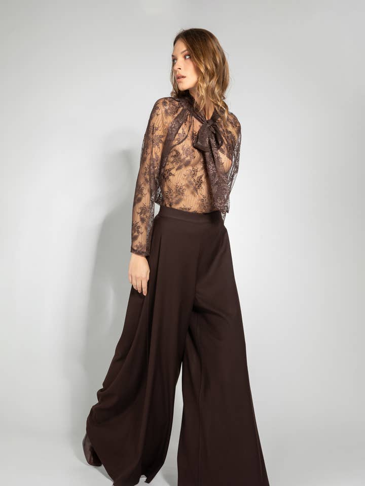 A6054 WIDE LONG BROWN TROUSERS for wholesale by Moqette