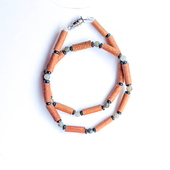 Hazelwood and Laboradite Necklace for wholesale by Maroke Rain Gear