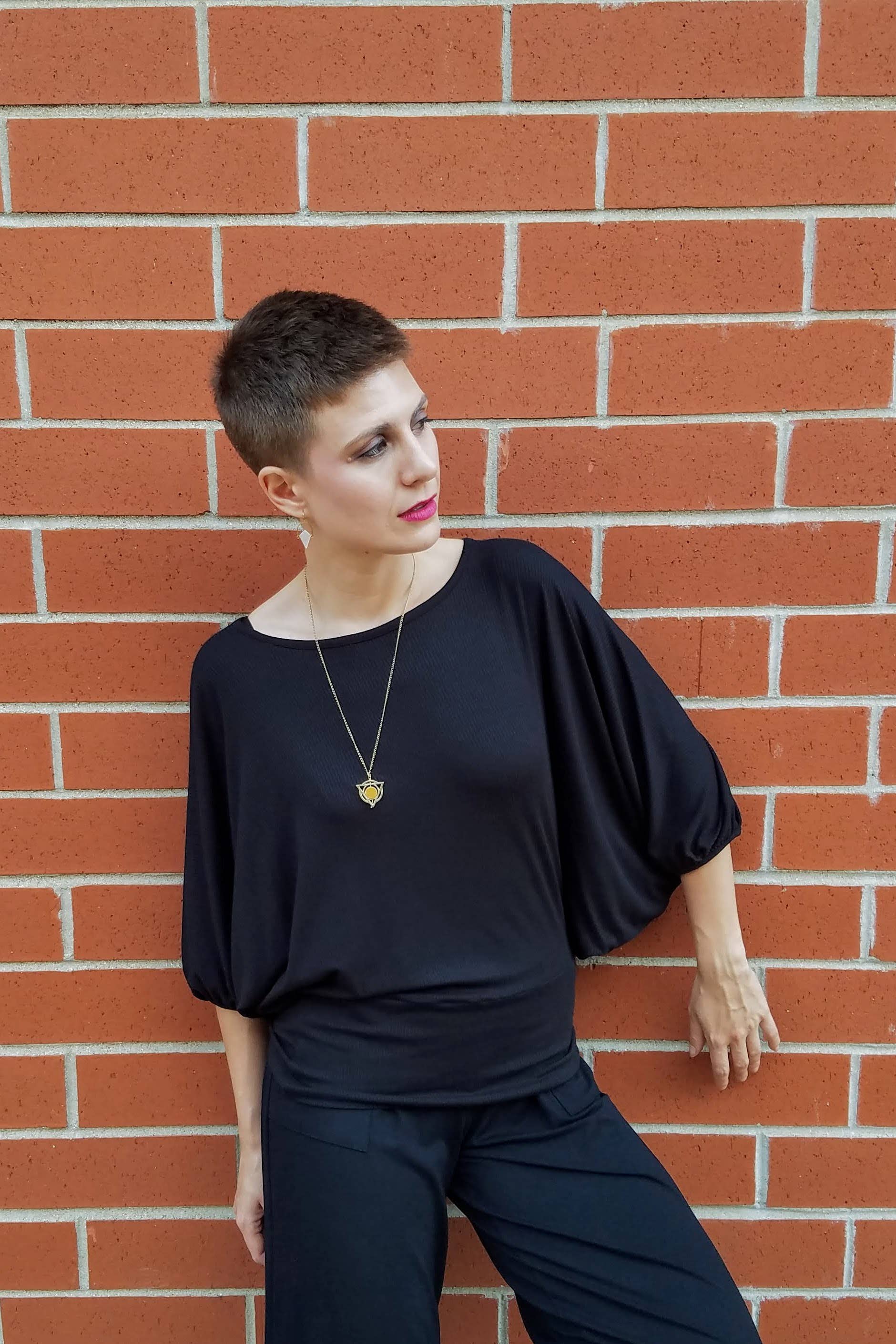 Squasht - Wholesale Blouse - Women's - 3/4 Sleeve Batwing Black Rib Knit1