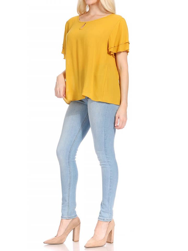 MOA COLLECTION - Wholesale Blouse - Women's - Casual Solid Flowy Short Flutter Sleeve Key Hole Blouse19